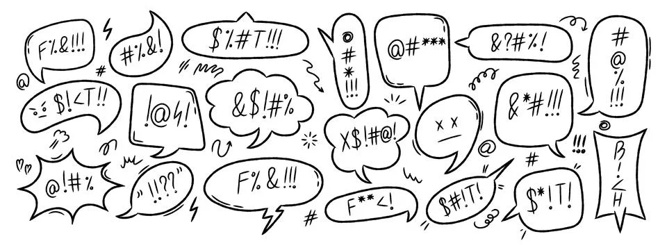 Crayon speech bubbles with curse words. Angry, rude, and negative expressio.. Stock Illustration