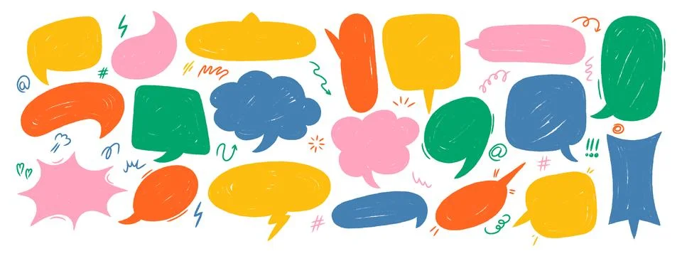 Crayon speech bubbles set. Hand drawn vector comic talk balloons with chalk.. Illustrazione stock
