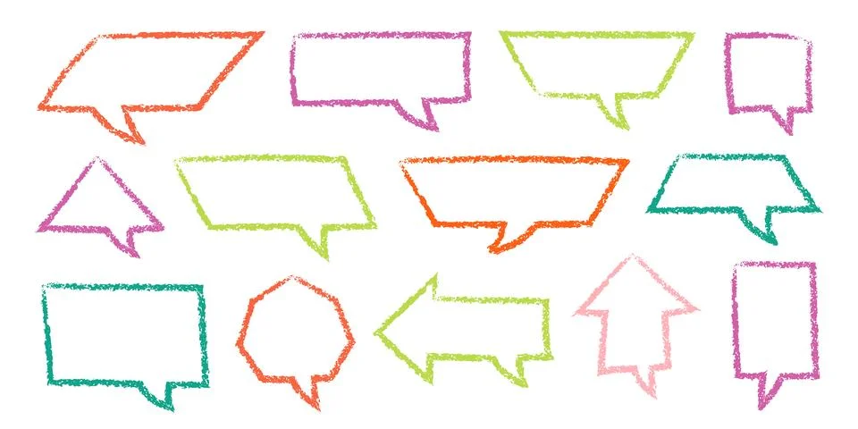 Crayon Speech Bubbles Vector Set. Chalk Scribble Talking Clouds Shapes 스톡 일러스트