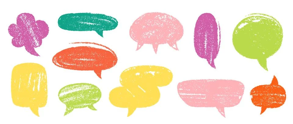 Crayon Speech Bubbles Vector Set. Chalk Scribble Talking Clouds Shapes 스톡 일러스트