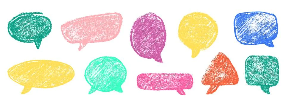 Crayon Speech Bubbles Vector Set. Chalk Scribble Talking Clouds Shapes Stock Illustration