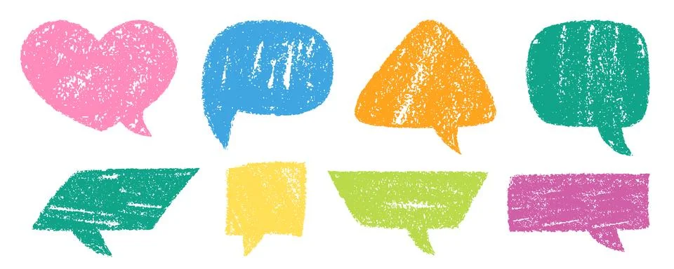 Crayon Speech Bubbles Vector Set. Chalk Scribble Talking Clouds Shapes 스톡 일러스트