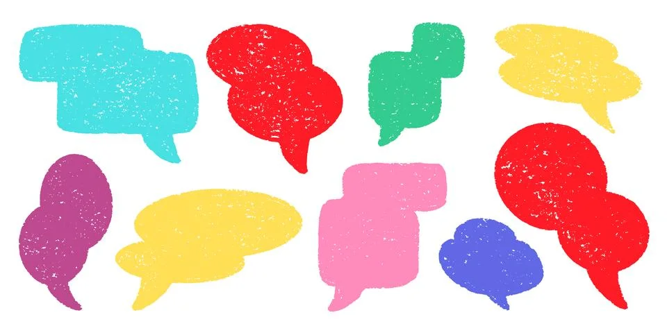 Crayon Speech Bubbles Vector Set. Chalk Scribble Talking Clouds Shapes 스톡 일러스트