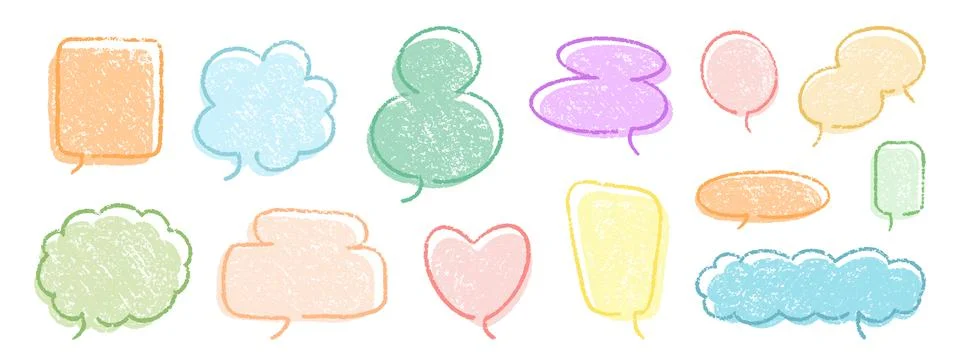 Crayon Speech Bubbles Vector Set. Chalk Scribble Talking Clouds Shapes Stock Illustration