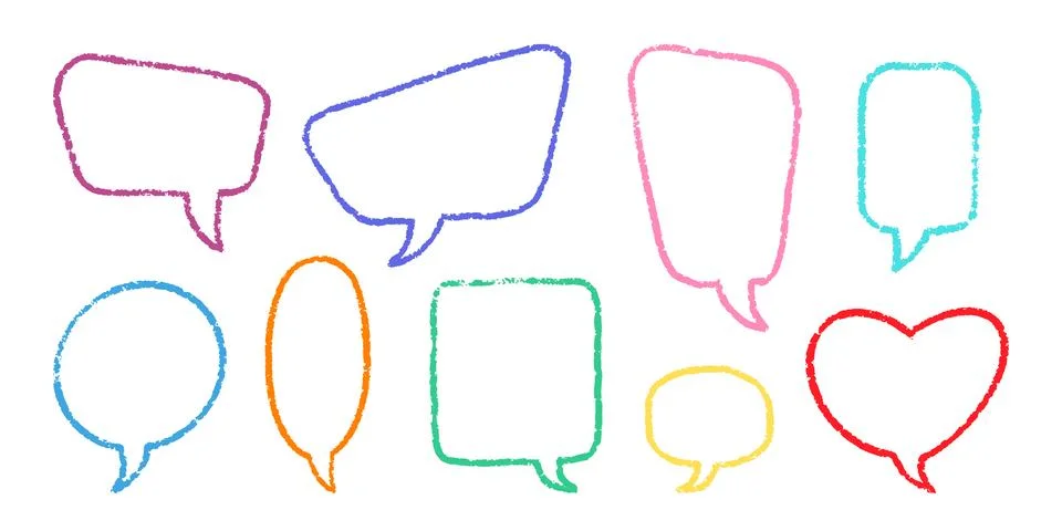 Crayon Speech Bubbles Vector Set. Chalk Scribble Talking Clouds Shapes 스톡 일러스트