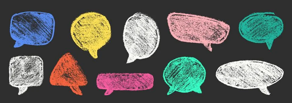 Crayon Speech Bubbles Vector Set. Chalk Scribble Talking Clouds Shapes Stock Illustration