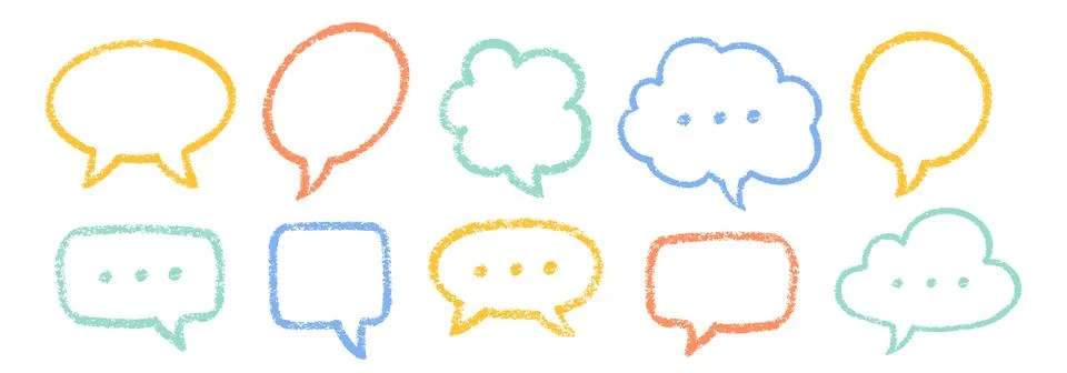 Crayon Speech Bubbles Vector Set. Chalk Scribble Talking Clouds Shapes 스톡 일러스트