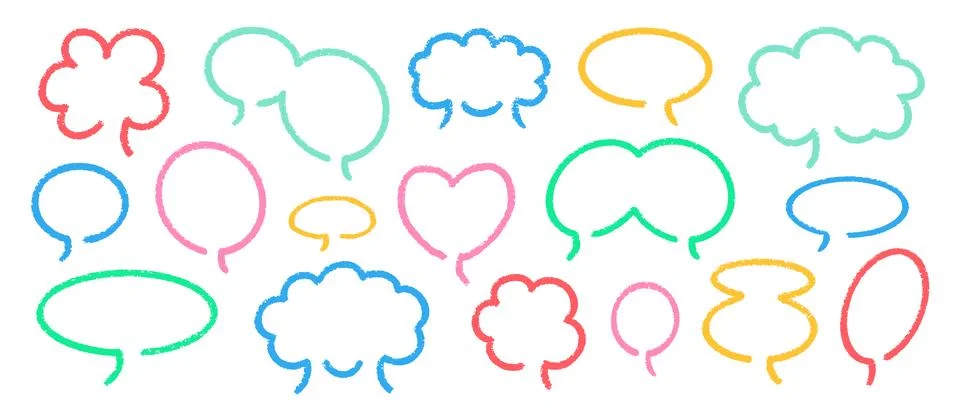 Crayon Speech Bubbles Vector Set. Chalk Scribble Talking Clouds Shapes 스톡 일러스트