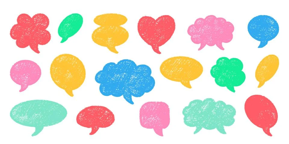 Crayon Speech Bubbles Vector Set. Chalk Scribble Talking Clouds Shapes 스톡 일러스트