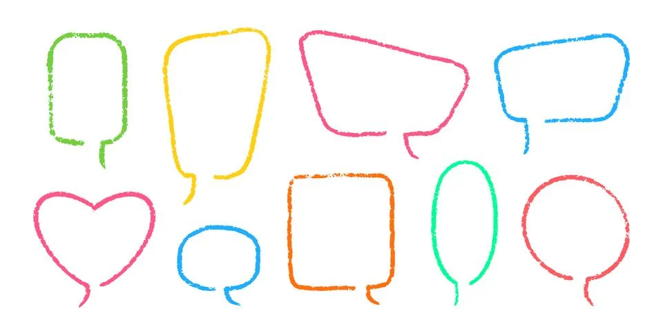 Crayon Speech Bubbles Vector Set. Chalk Scribble Talking Clouds Shapes Stock Illustration