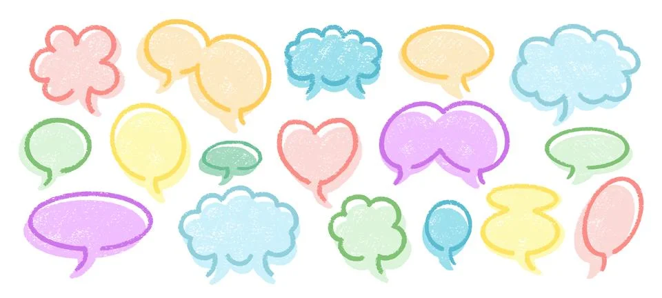 Crayon Speech Bubbles Vector Set. Chalk Scribble Talking Clouds Shapes 스톡 일러스트