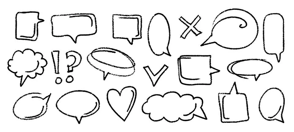 Crayon Speech Bubbles Vector Set. Chalk Scribble Talking Clouds Shapes Ilustração Stock