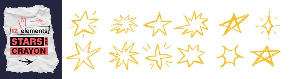Crayon star doodle set in hand-drawn style. Scribble yellow sparkle stars with Stock Illustration