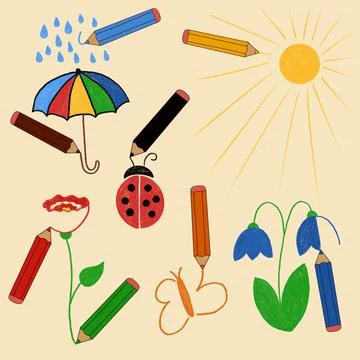 Crayons Creating Colorful Spring Themes Stock Illustration