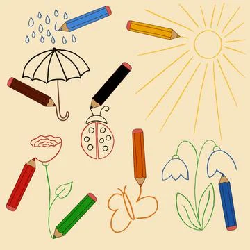 Crayons Creating Lines Of Spring Themes. Stock Illustration