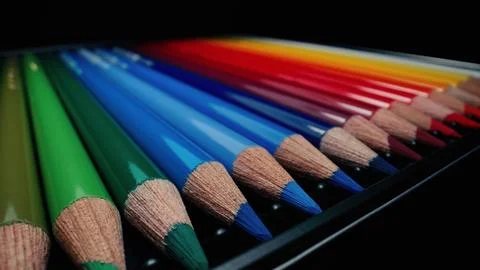 Crayons in perfect gradient row. Extreme macro shot. graphite Pencils set Fotos Stock