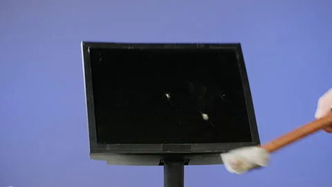 Crazy angry man hit pc keyboard laptop with hammer, depression and aggression in Video stock 223208473