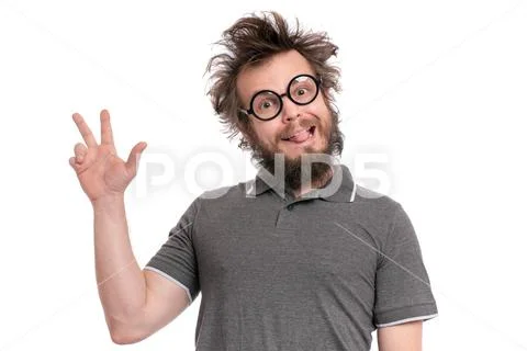 Crazy bearded man emotions and signs Stock Photos