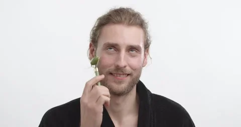 Crazy Bearded Man using Roller Message with incredible fun wearing Bathrobe Stock-Footage 151521540