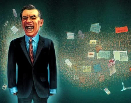 A crazy businessman is a ghost with a terrible rough face. Ilustración de archivo