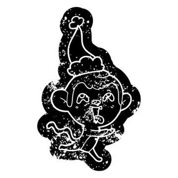 Crazy cartoon distressed icon of a monkey running wearing santa hat Stock Illustration