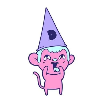 Crazy cartoon monkey in dunce hat in bright neon color Stock Illustration