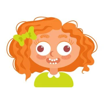 Crazy cheerful curly-haired red-haired girl with a bow. In cartoon style. Human Stock Illustration