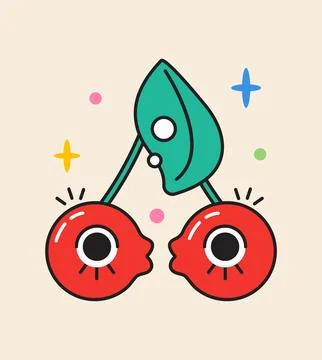 Crazy cherries sticker vector. Abstract comic character in trendy hand drawn  Illustrazione stock