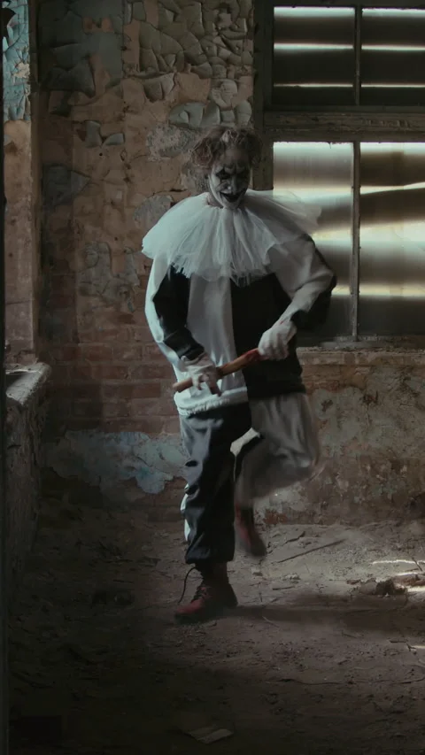 Crazy Clown with Axe Having Creepy Dance Stock Footage 250939983