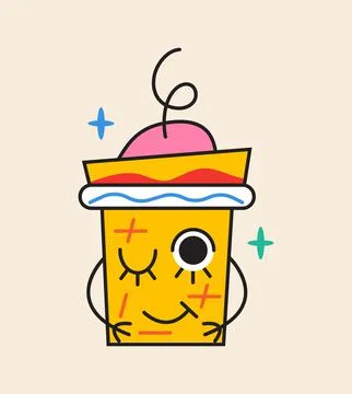 Crazy coffee cup sticker vector. Abstract comic character with big angry eye Illustrazione stock