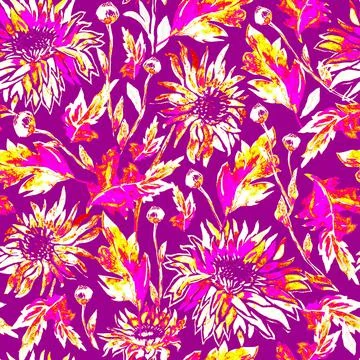 Crazy colors seamless pattern with flowers drawn by hand. Stock Illustration