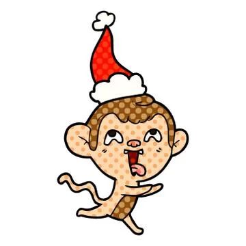 Crazy comic book style illustration of a monkey running wearing santa hat Stock Illustration