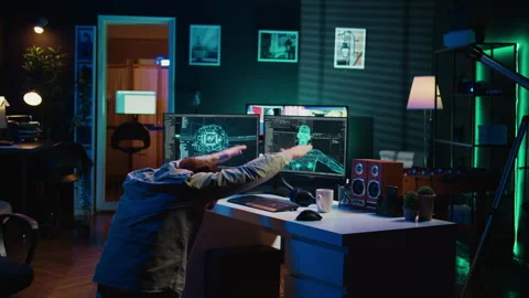 Crazy computer scientist doing worshiping reverence in front of self aware AI Stock Footage 267046677