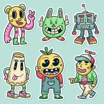 Crazy Cute Hand drawn Character Sticker Collection Stock Illustration