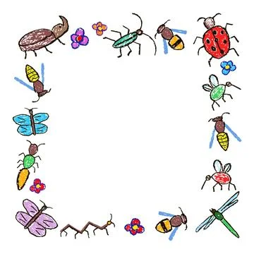Crazy doodle insects frame background. Crayon like kid`s hand drawn Stock Illustration
