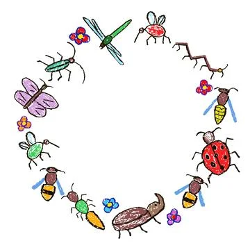 Crazy doodle insects round frame background. Crayon like kid`s hand drawn Stock Illustration