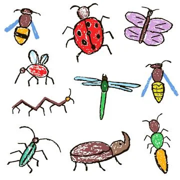 Crazy doodle insects set. Crayon like kid`s hand drawn Stock Illustration
