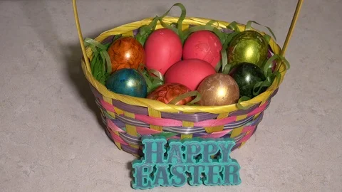 Crazy Easter eggs in a basket Stock Footage 106742586