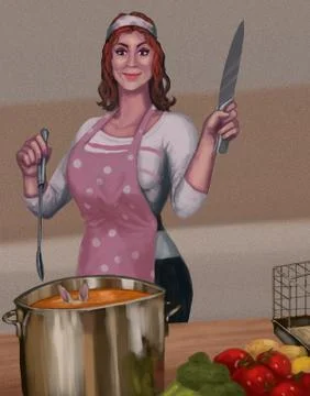 Crazy ex girlfriend boiling a rabbit for dinner and holding a knife threateni Stock Illustration