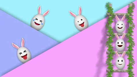 Crazy expression easter eggs on colorful wall and wooden ladder. Stock Illustration
