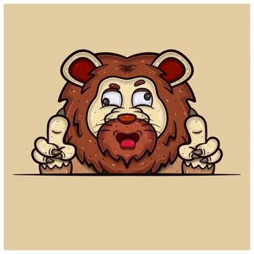 Crazy Face Expression With Lion Cartoon. Stock Illustration
