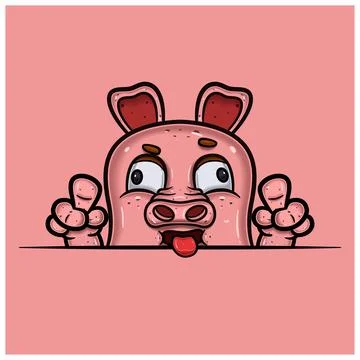 Crazy Face Expression With Pig Cartoon. Stock Illustration