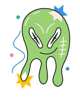 Crazy face sticker vector. Abstract comic character with big angry eye Stock-Illustration