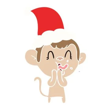 Crazy flat color illustration of a monkey wearing santa hat Stock Illustration
