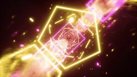 Crazy flight in a retro futuristic space through neon glowing figures in the Video stock 110708797