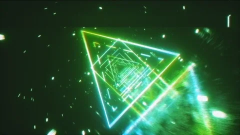 Crazy flight in a retro futuristic space through neon glowing figures in the Video stock 110708939