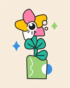Crazy flower sticker vector. Abstract comic character with big angry eye Illustrazione stock