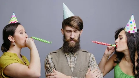 Crazy geek man dancing with beautiful women slow motion party photo booth slow Stock Footage 81747368