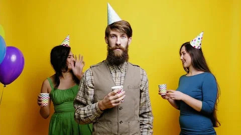 Crazy geek man dancing with beautiful women slow motion party photo booth slow Video stock 82068129