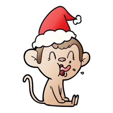 Crazy gradient cartoon of a monkey sitting wearing santa hat Illustrazione stock